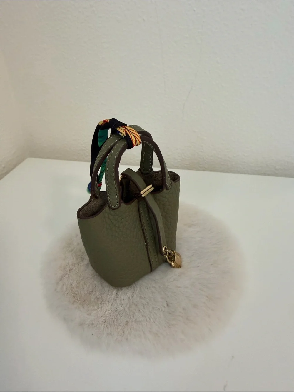 Top Grain Leather Mini Tote Bag Charm Olive Green Mini Purse Charm